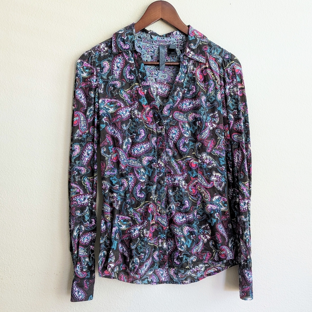 Mng Collection Women's Button Up Dress‎ Shirt Brown Colorful Design Size XS